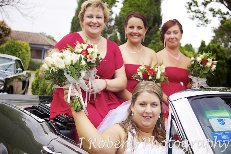 Bride in a mustang with bridesmaids - wedding photography sydney